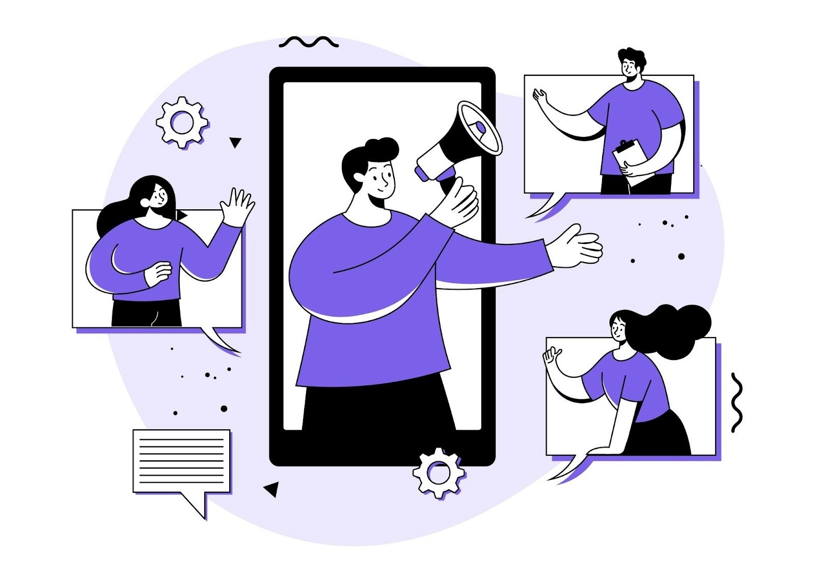 Illustration of a person holding a megaphone through a smartphone screen surrounded by creators, representing scaled influencer outreach and creator campaign management