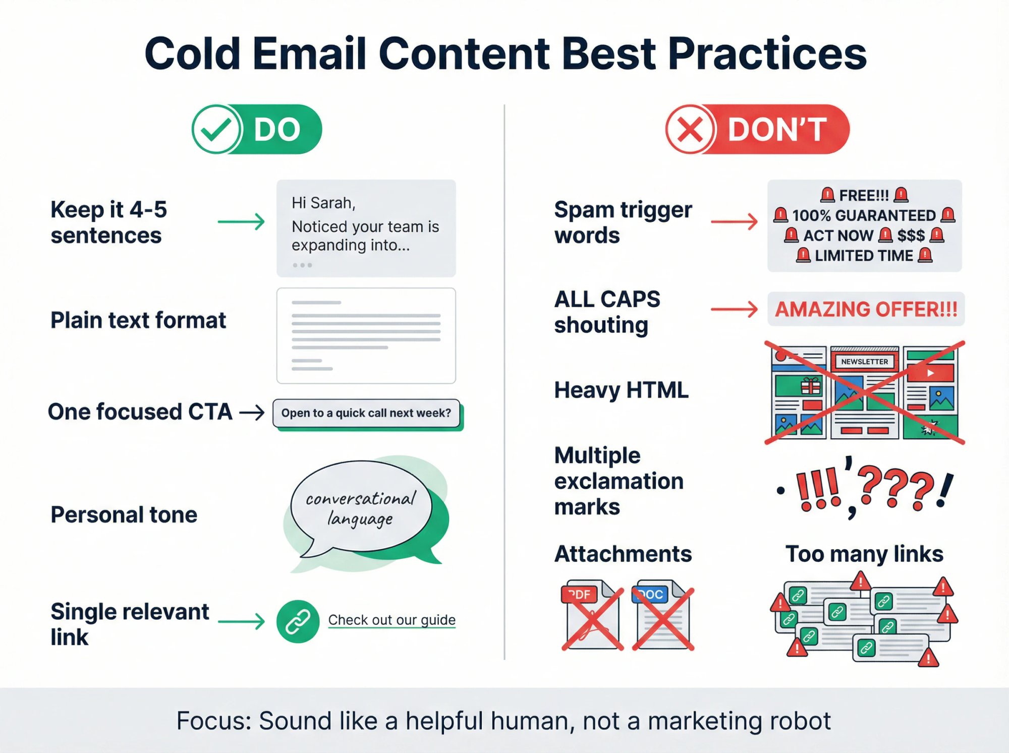Visual guide showing do's and don'ts for cold email content writing to avoid spam filters