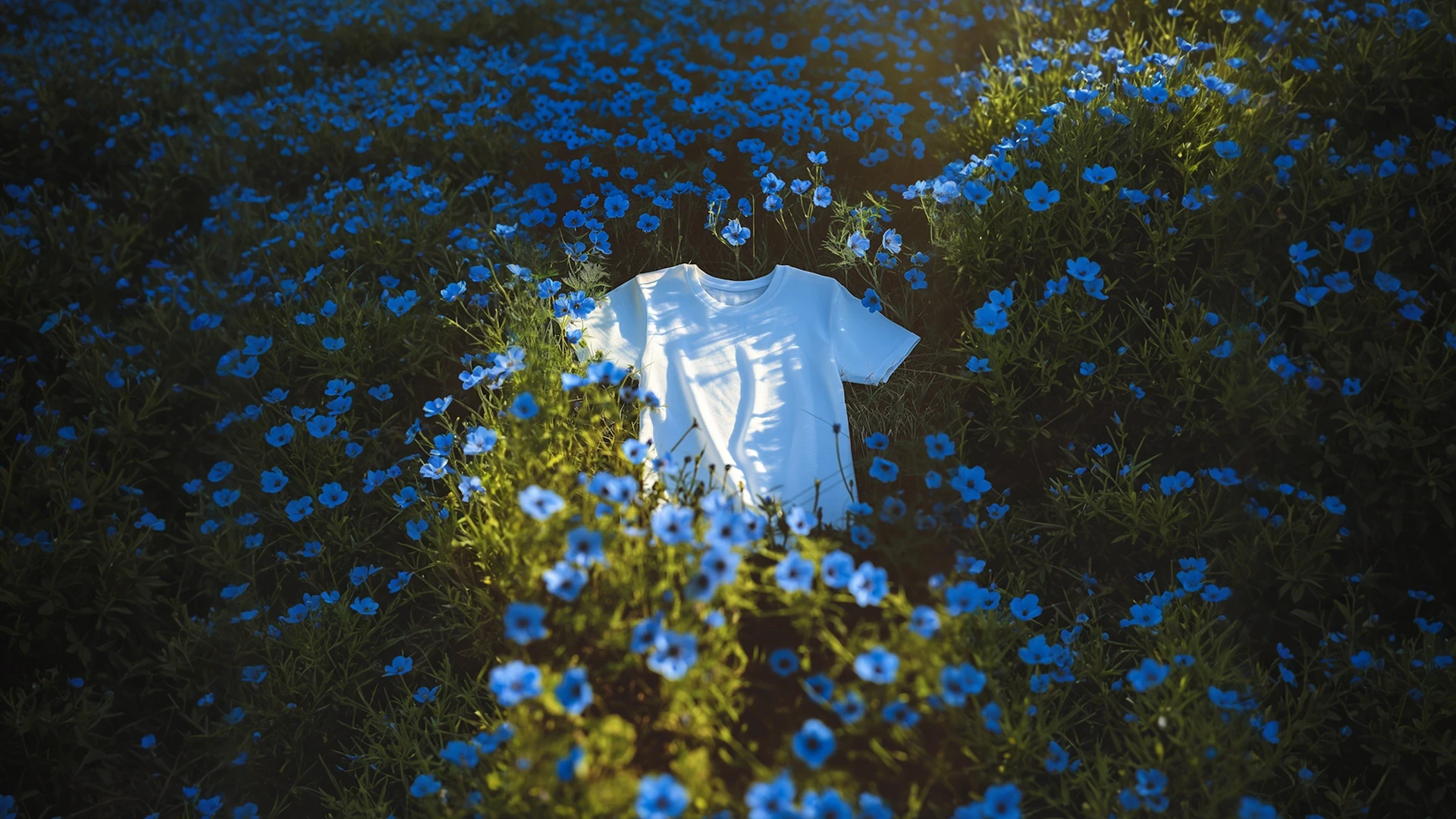 White T-Shirt Among Blue Poppies