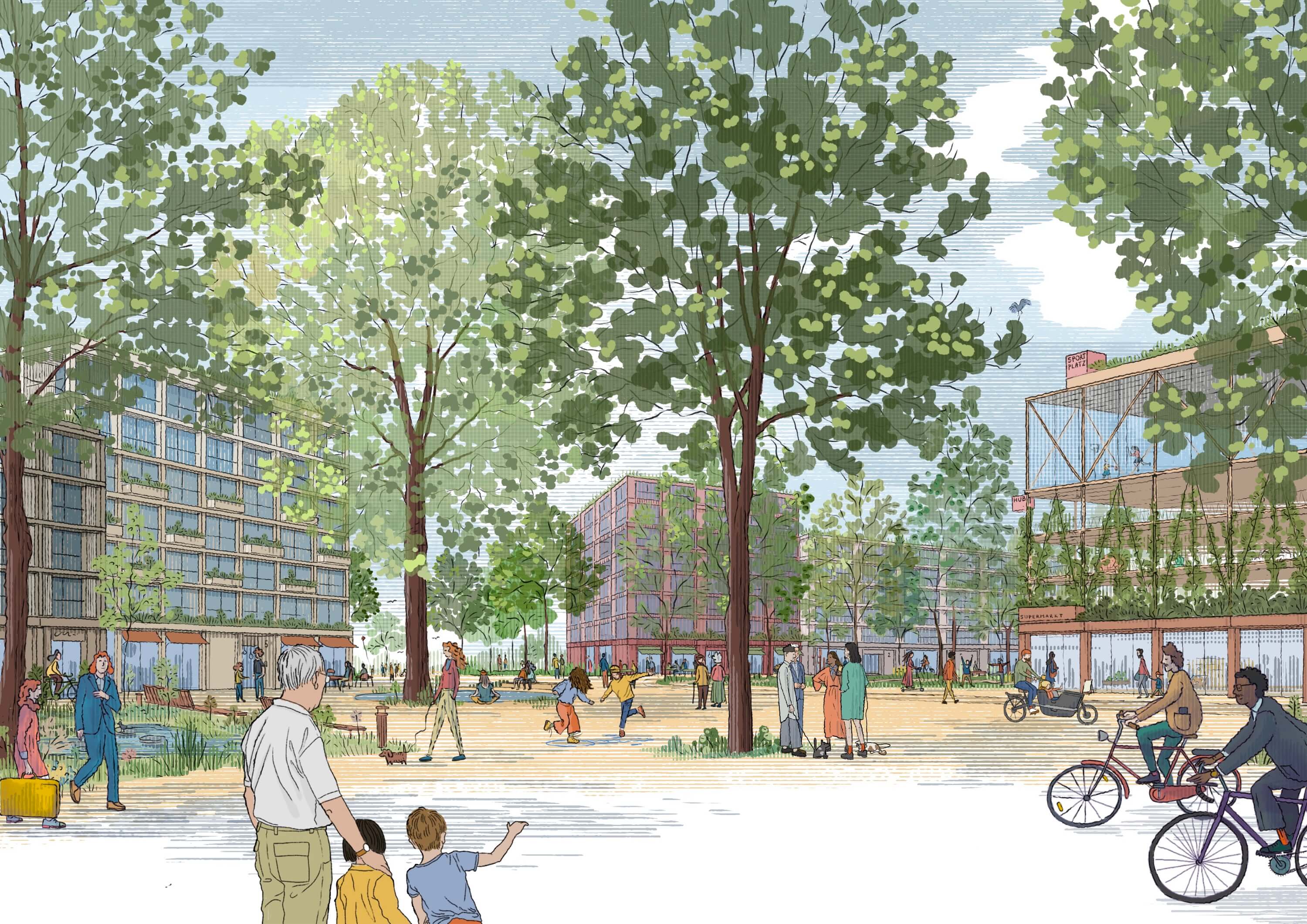 A park scene featuring trees, pedestrians, and cyclists enjoying a sunny day with pathways and grassy areas.