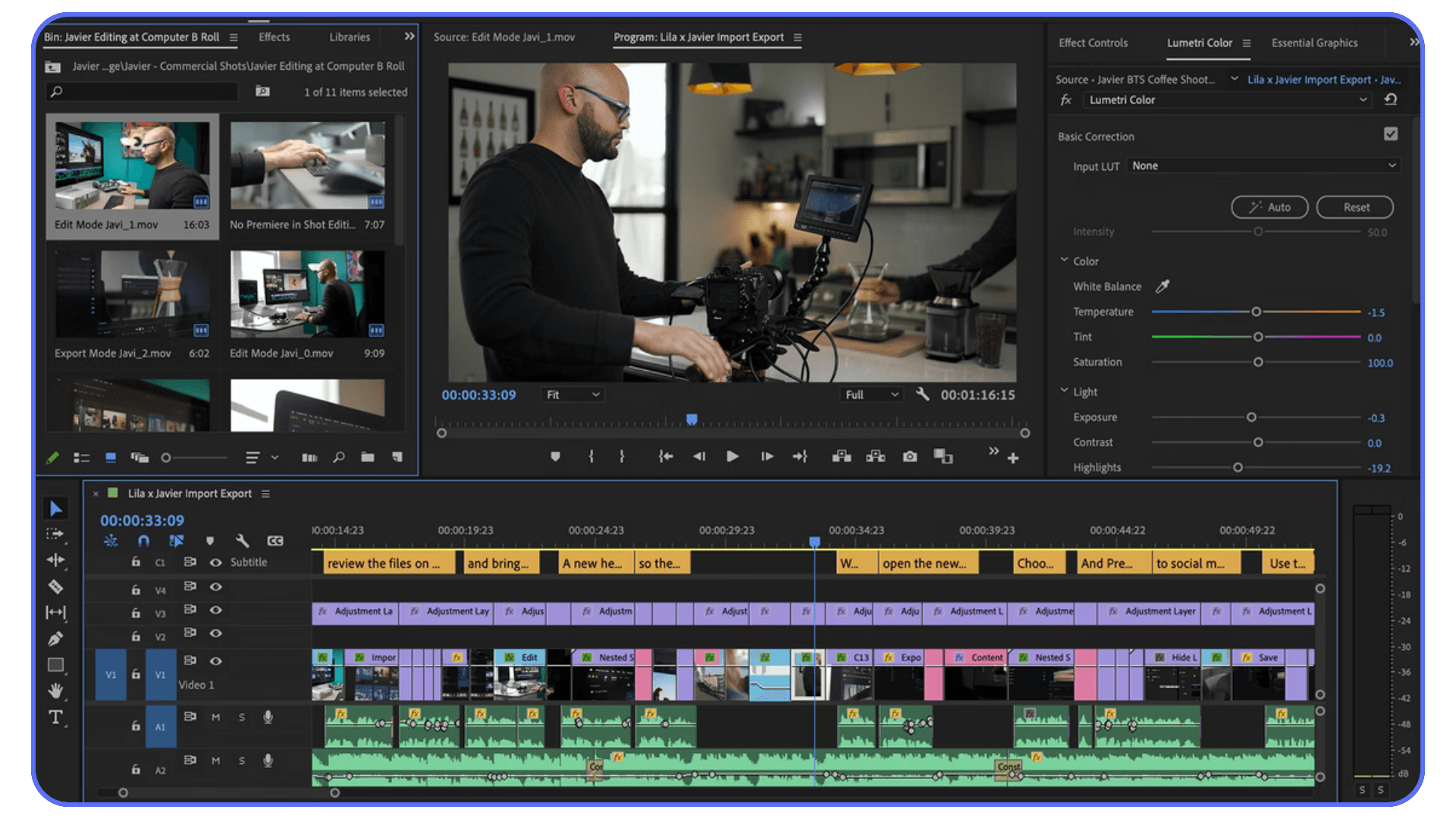 Adobe Premiere Pro interface showing a color correction panel, video timeline, and clips being edited in a workspace.
