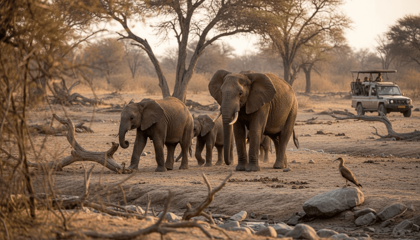 Elefantes del desierto recorriendo el lecho seco de un río en Damaraland