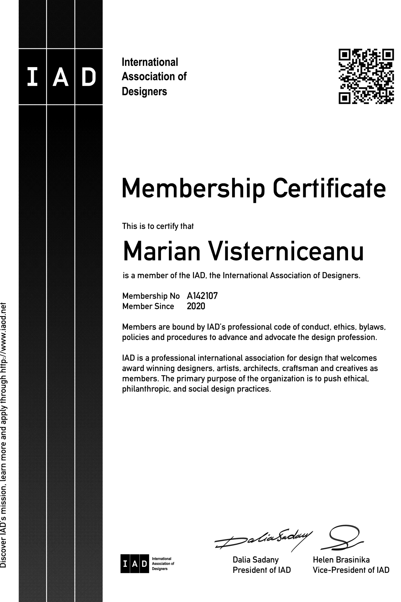 International Association of Designers (IAD) membership certificate, Marian Visterniceanu (Marian Vist), ImPERFECTION DESIGN