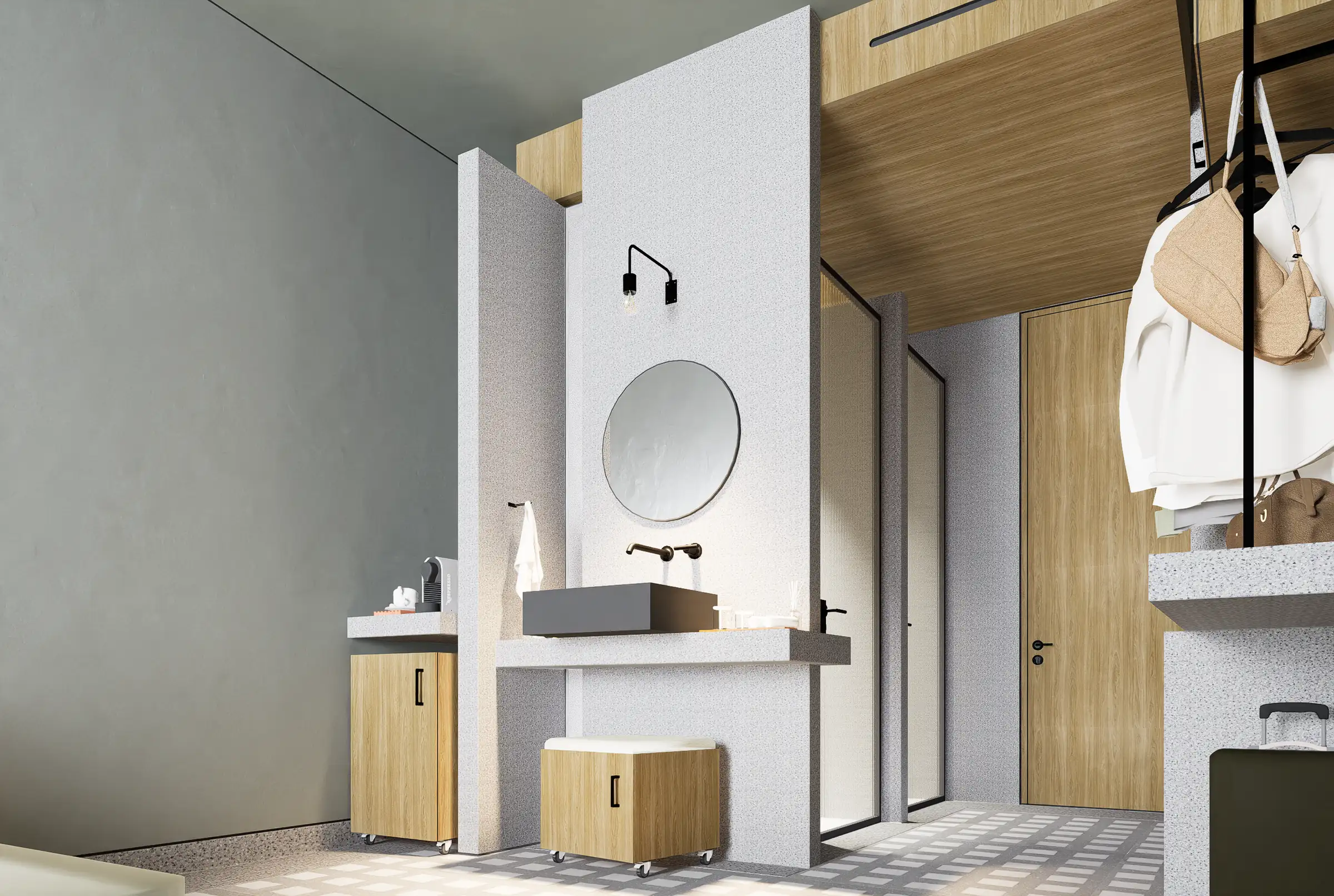 Akra Muratpaşa; yuvarlak aynalı lavabo ünitesi ve açık askılıklı otel odası