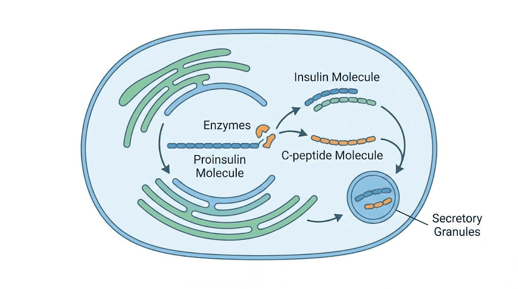 C-peptide and insulin released from proinsulin in pancreatic beta cells