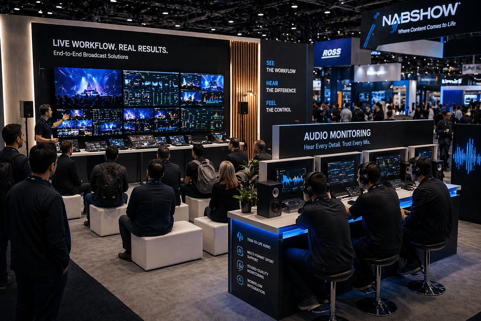 NAB booth layout with an audio monitoring station beside the main presentation zone, headphone listening area, and broadcast workflow screens in Las Vegas