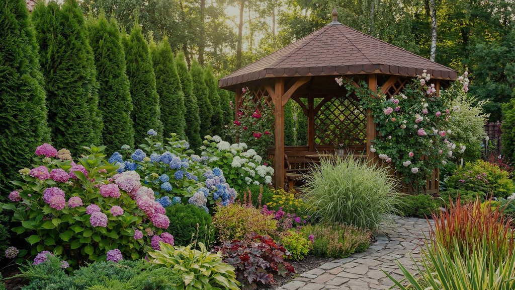 Altanka w ogródku. Wokół niej nasadzenia