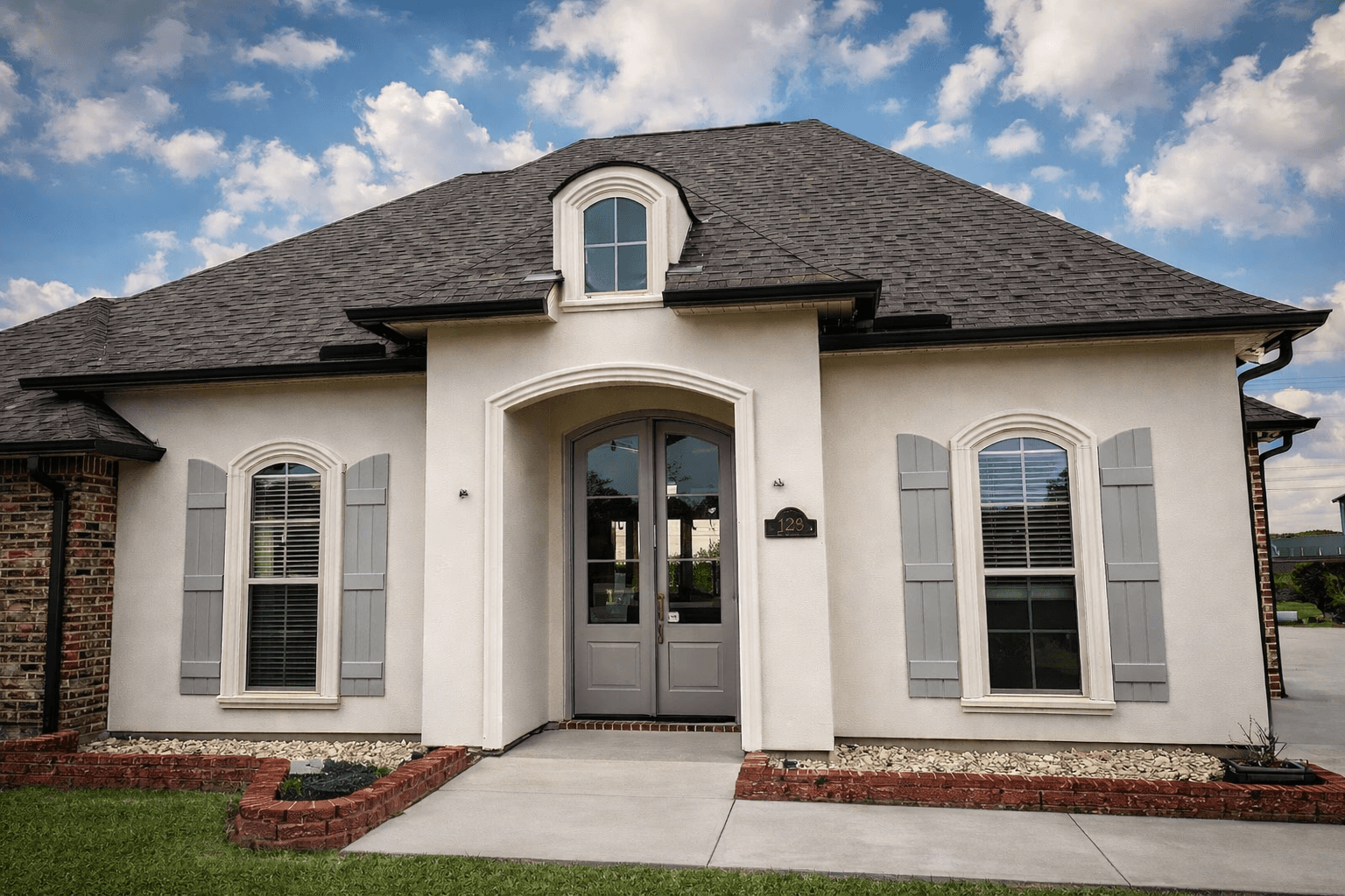 Modern indoor space with large glass doors, lush greenery, and a cozy seating area visible beyond.