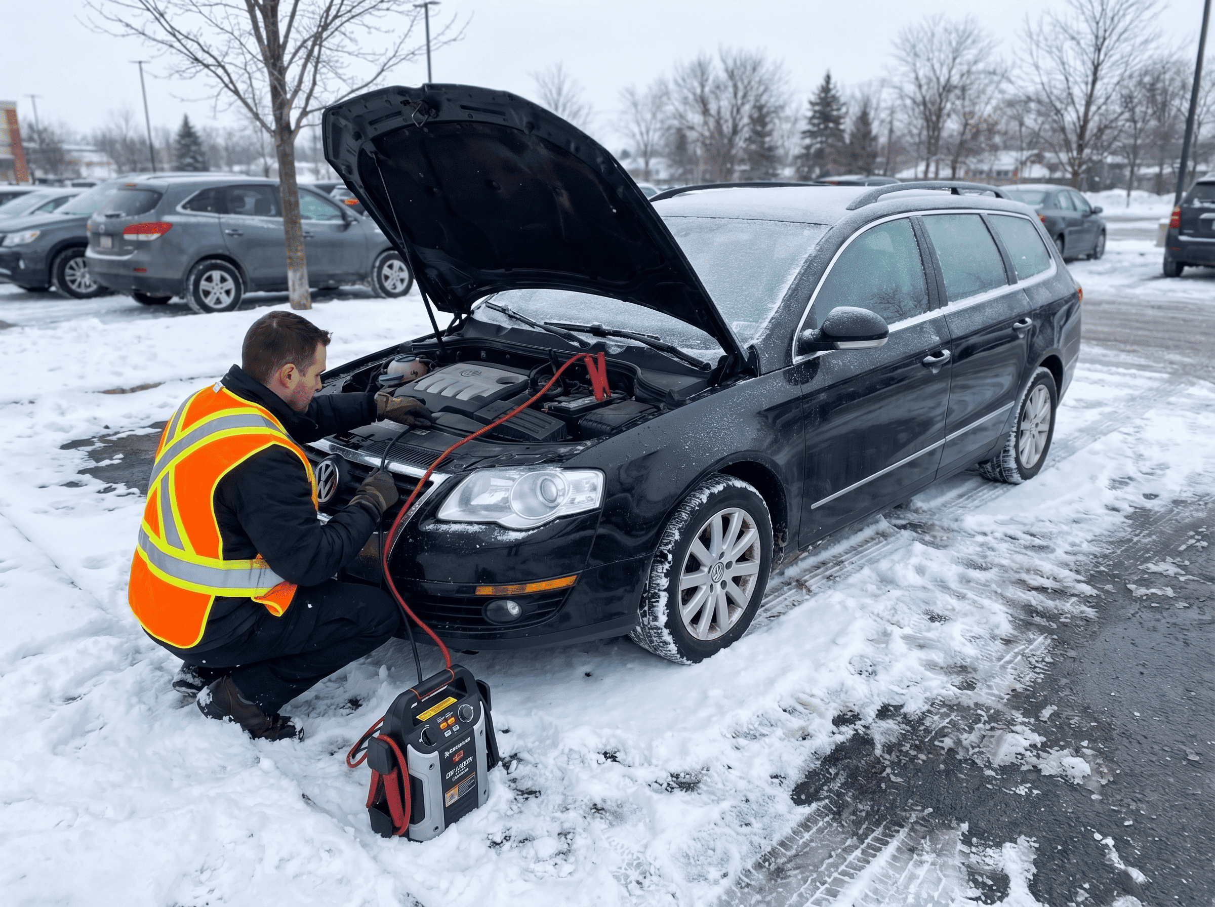 mobilny mechanik Mago Car naprawia samochód na parkingu