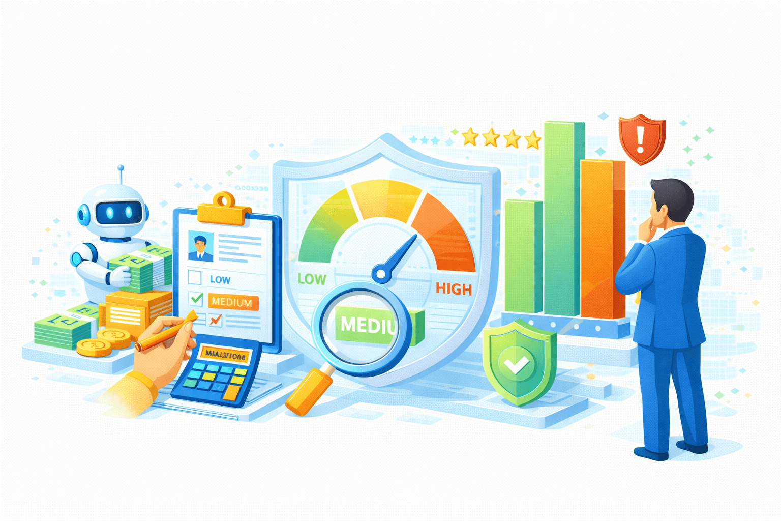 Ilustrasi AI‑assisted credit risk assessment & decision support. Di tengah terdapat risk gauge berbentuk speedometer dengan rentang Low–Medium–High, jarum menunjuk ke Medium, dilindungi perisai transparan yang menandakan kontrol dan tata kelola. Di kiri, AI/robot assistant dan analis manusia melakukan penilaian pada profil nasabah di clipboard (opsi Low/Medium dicentang), dilengkapi kalkulator, uang/koin, dan kaca pembesar untuk review detail.  Di kanan, seorang decision maker mengamati grafik batang kinerja/risiko (hijau–oranye) dengan ikon peringatan dan rating bintang, serta perisai hijau bertanda centang yang menunjukkan keputusan aman dan compliant. Visual menggambarkan kolaborasi manusia–AI dalam penilaian risiko kredit, validasi, dan pengambilan keputusan berbasis data yang aman.