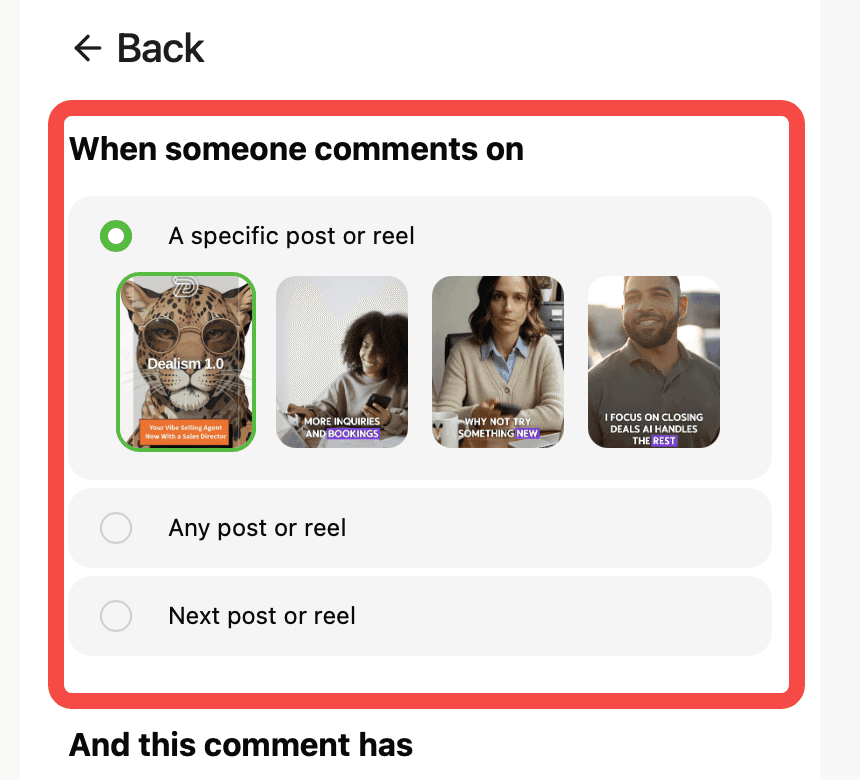 Dealism interface for choosing a Post or Reel trigger
