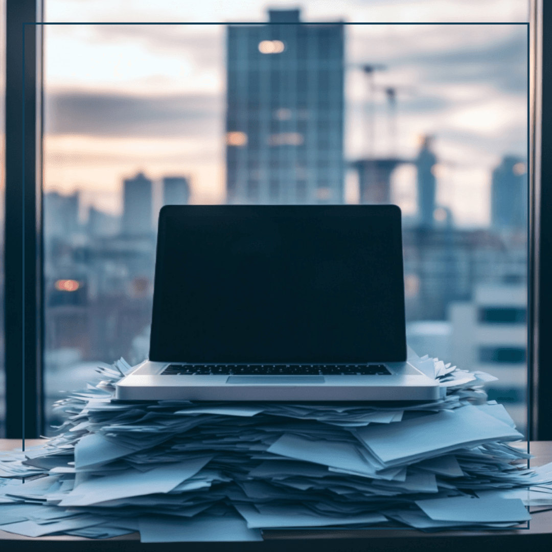 Ein Laptop auf einem Stapel Papier vor einer Hochhausszene