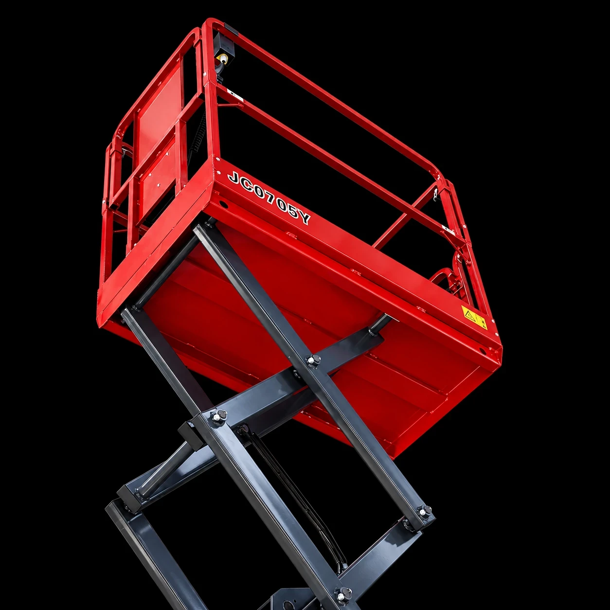 Scissor lift work platform with safety guardrails and heavy-duty scissor lifting mechanism.