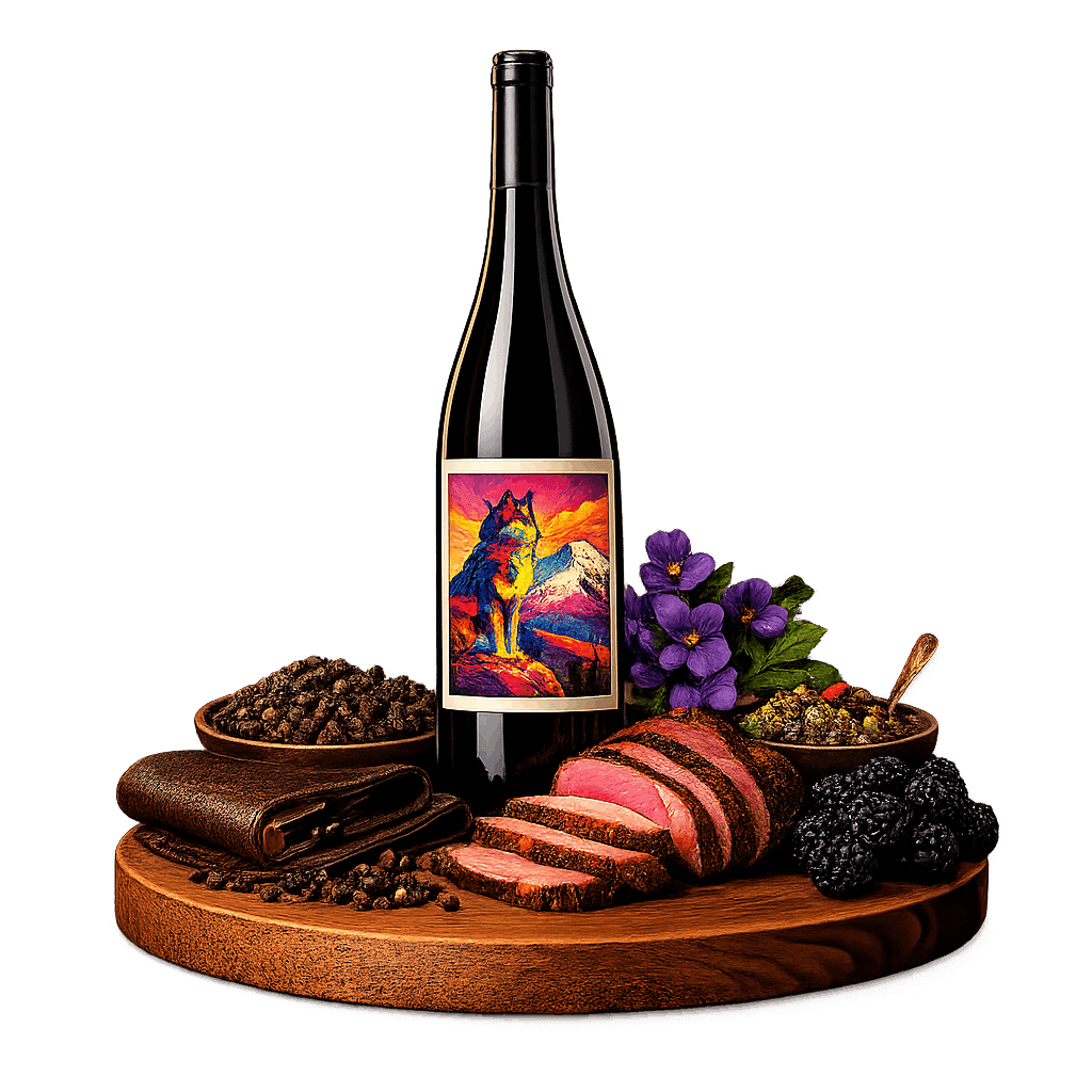 Artistic label and flavor profile for Golan Heights Syrah on a rustic wooden table.