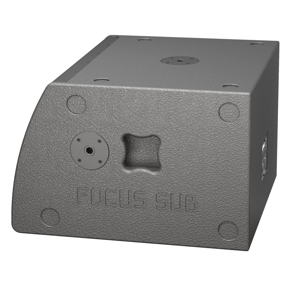 Grey speaker cabinet with text "FOCUS SUB".