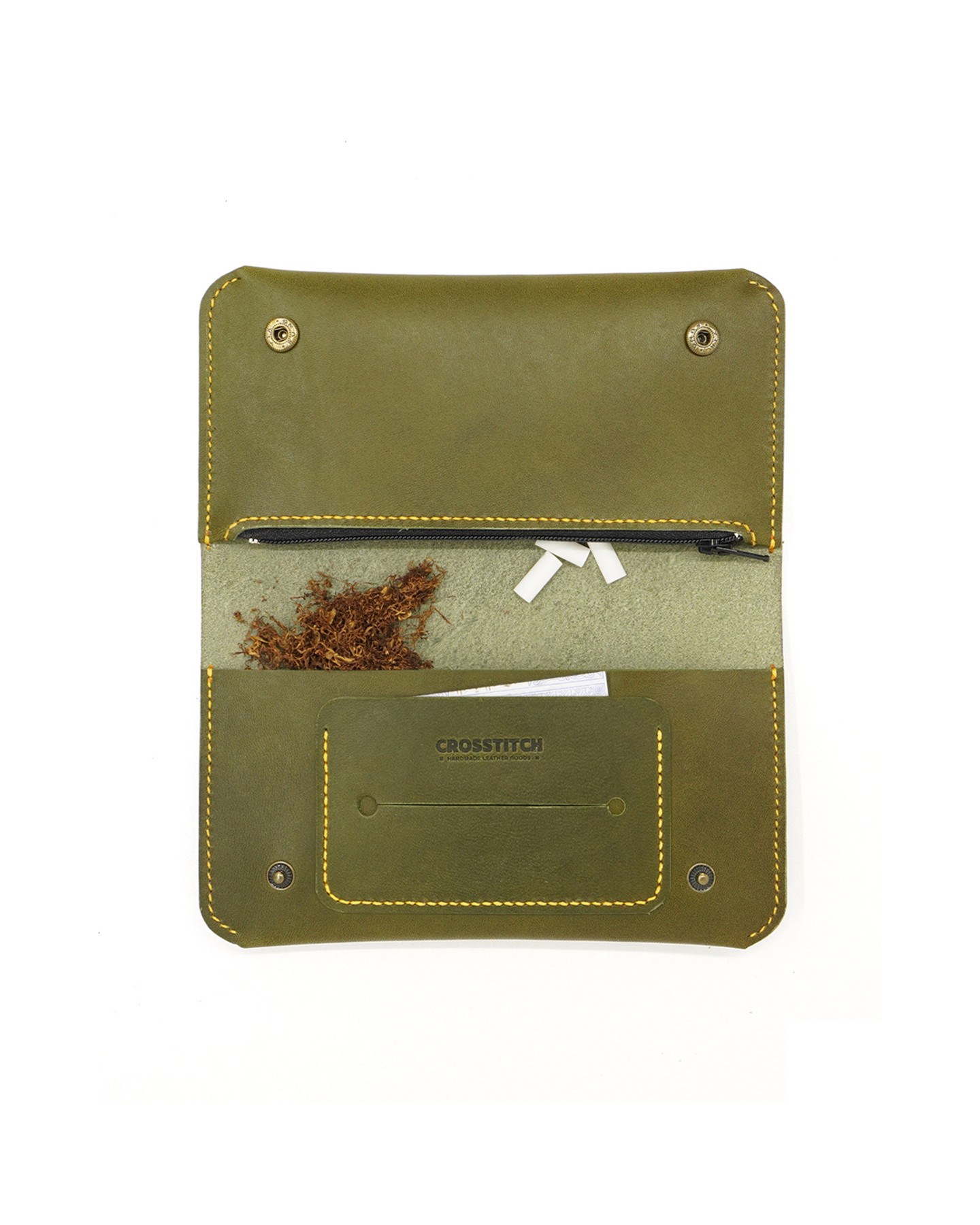 Handmade Olive Green leather tobacco pouch open full