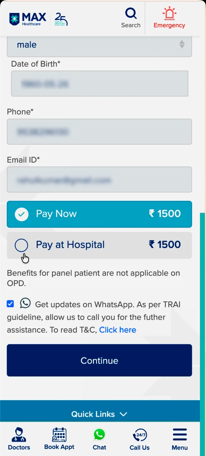 Patient-details form with Pay Now and Pay at Hospital options and a WhatsApp updates opt-in.
