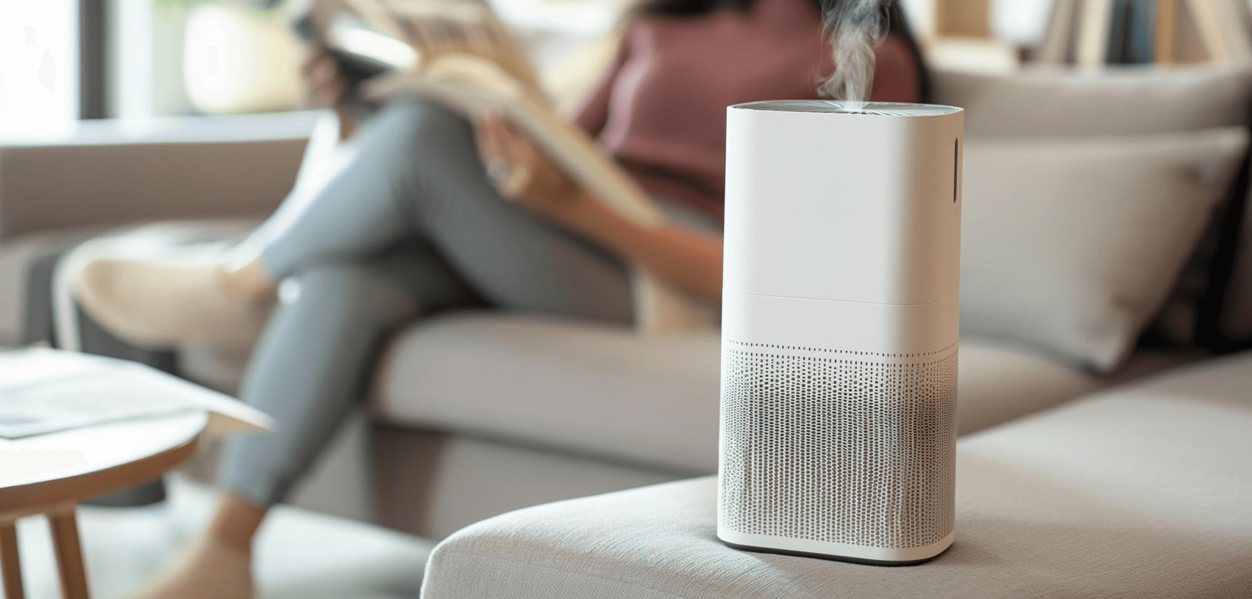 White air purifier emitting mist on a coffee table with a character reading on a sofa in the background.