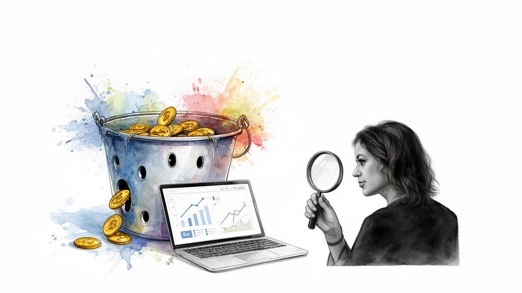 A person analyzing website conversion data on a laptop with a magnifying glass next to a leaky bucket of coins.