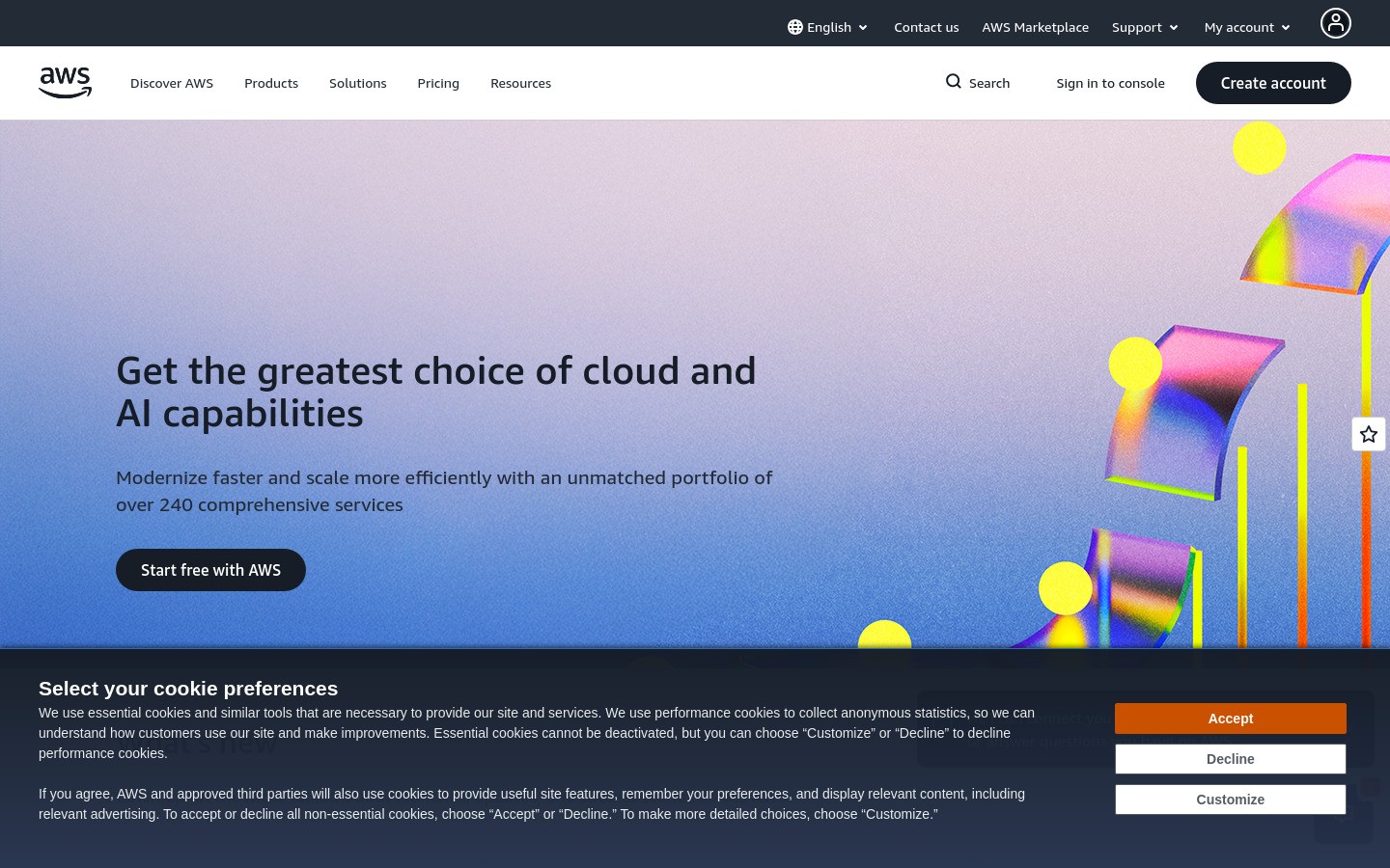 aws.amazon.com homepage hero section screenshot