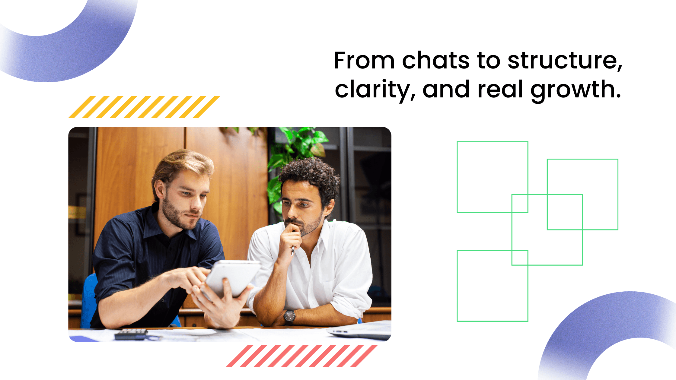 Two coaches reviewing tablet, showing shift from scattered chats to structured coaching community for clarity and growth.
