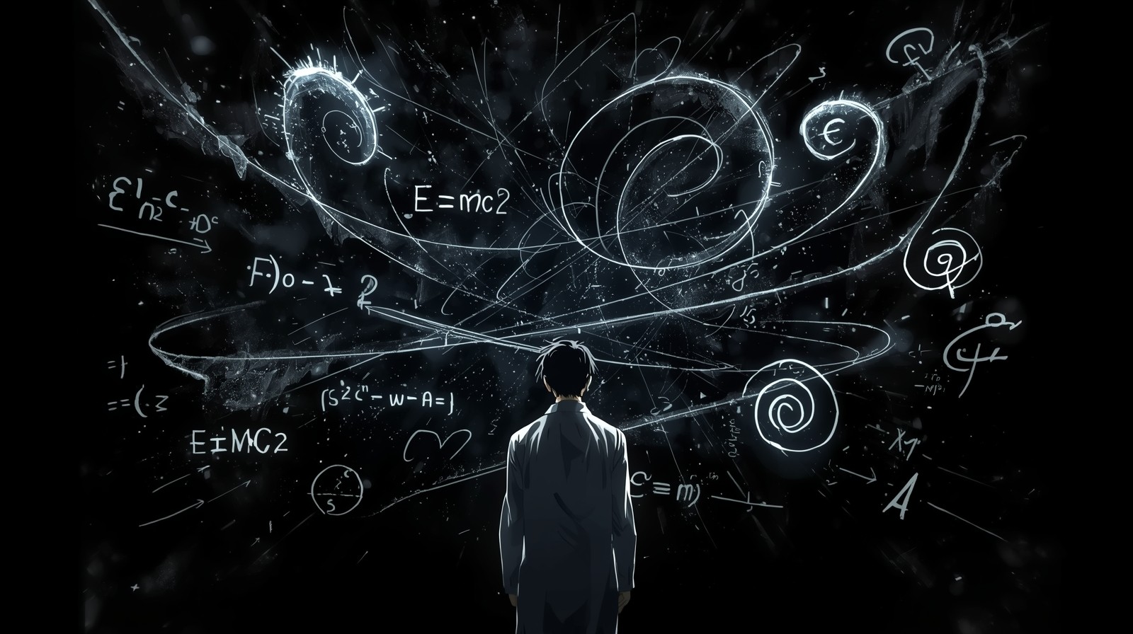 Black + Equation of Light A lone anime-style scientist stands before a massive floating chalkboard
