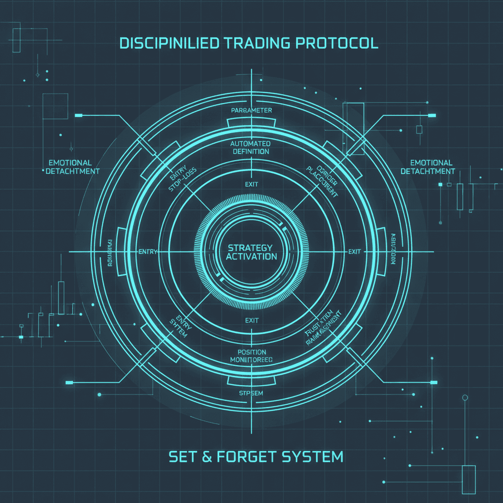 A futuristic HUD blueprint showing the set-and-forget discipline process in trading
