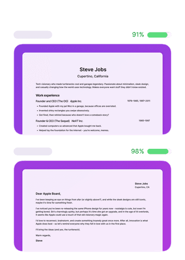 Tailored CV and cover letter generated by Ace for a job application, showing 91% and 98% match scores