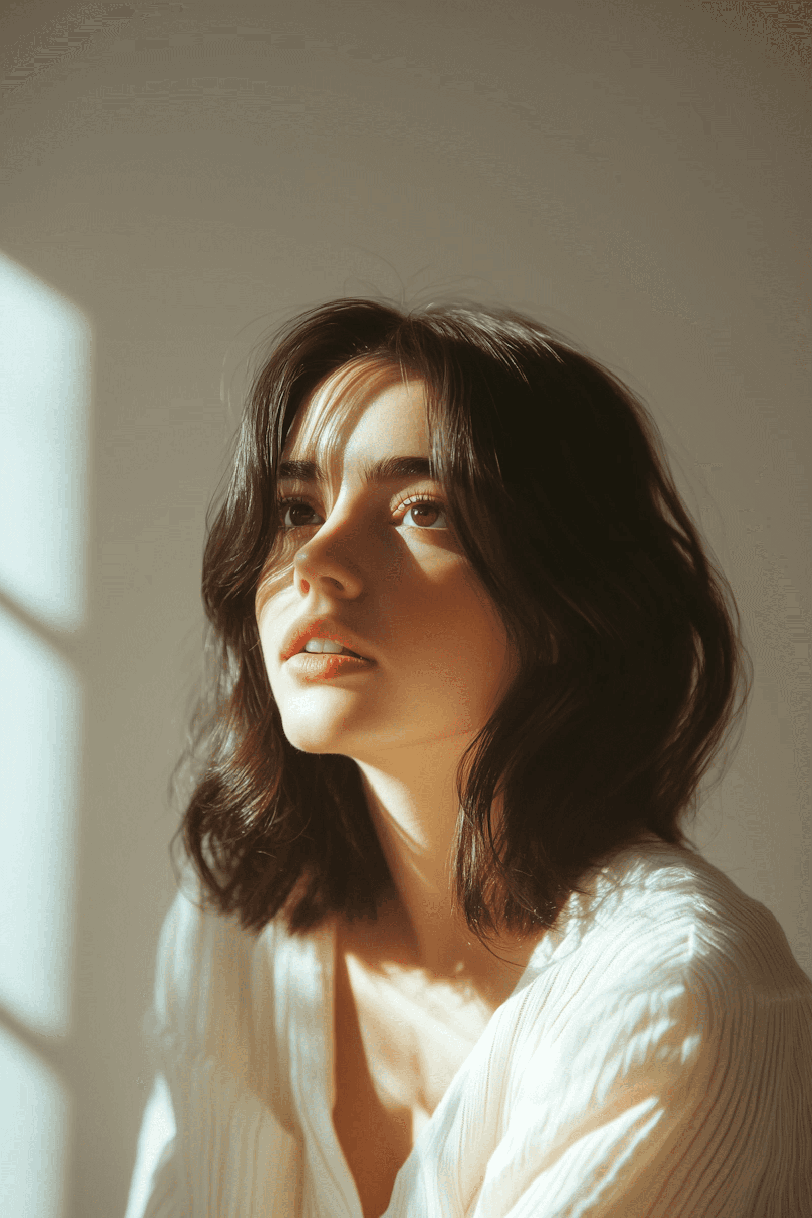 A young person with shoulder-length dark hair gazes upward, bathed in soft, warm sunlight coming through a window.