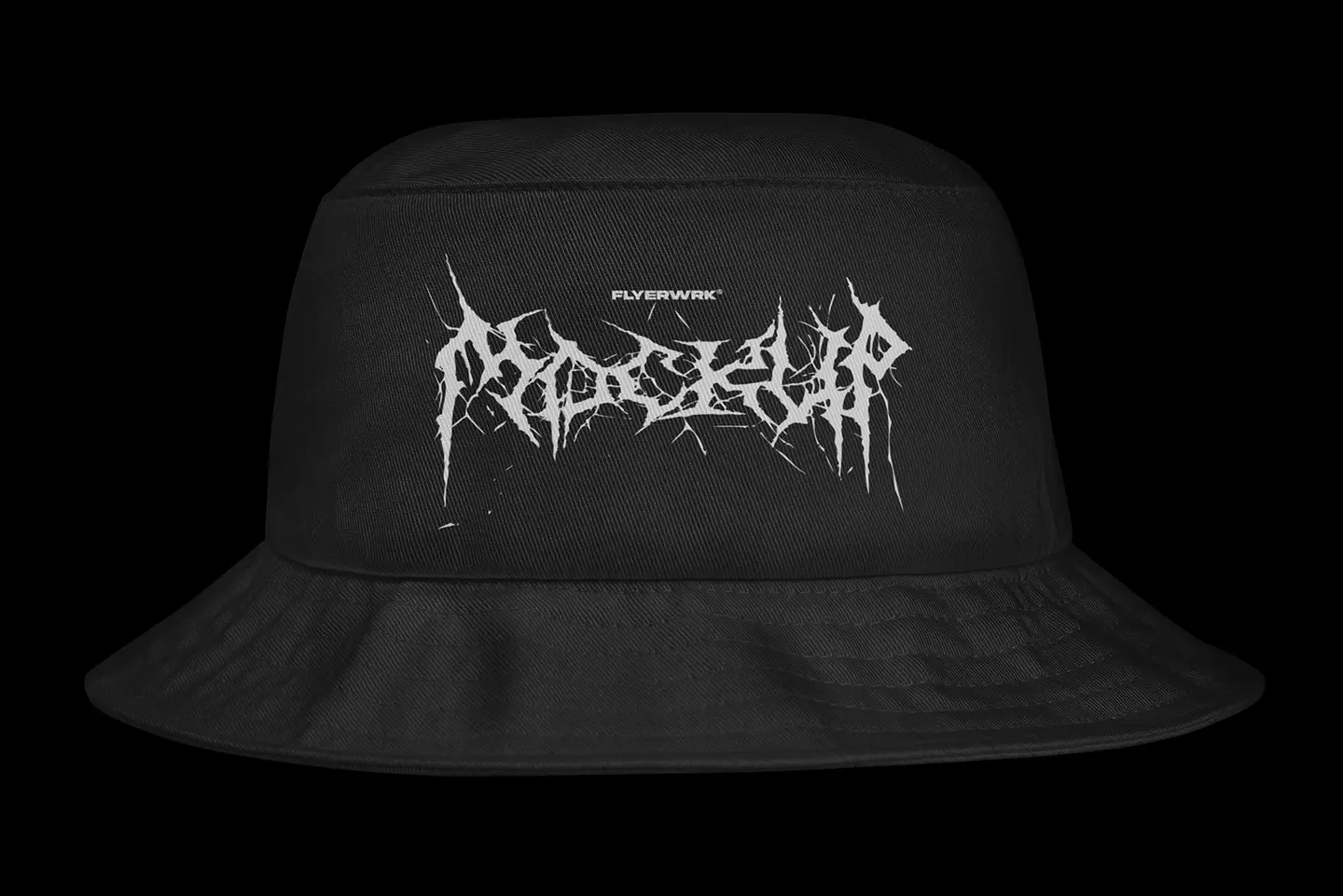 Black bucket hat mockup featuring a white metal-style graphic on a clean dark background