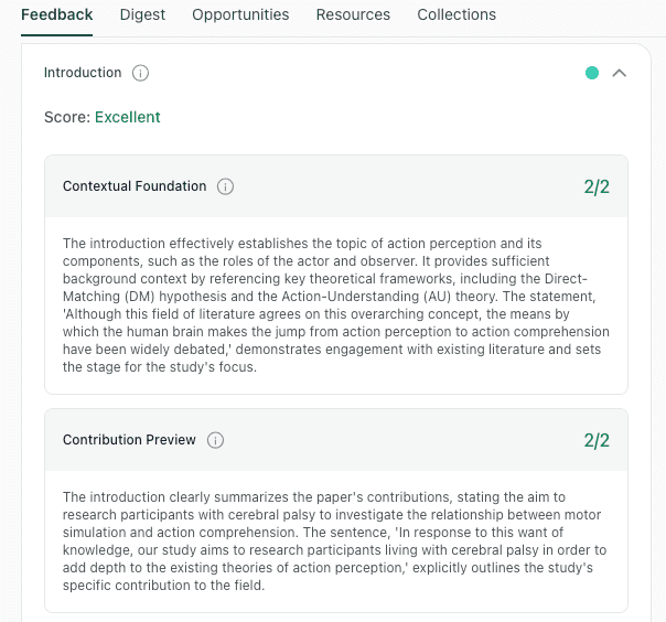 thesify introduction feedback showing Contextual Foundation scored 2/2 and Contribution Preview scored 2/2 with explanatory notes