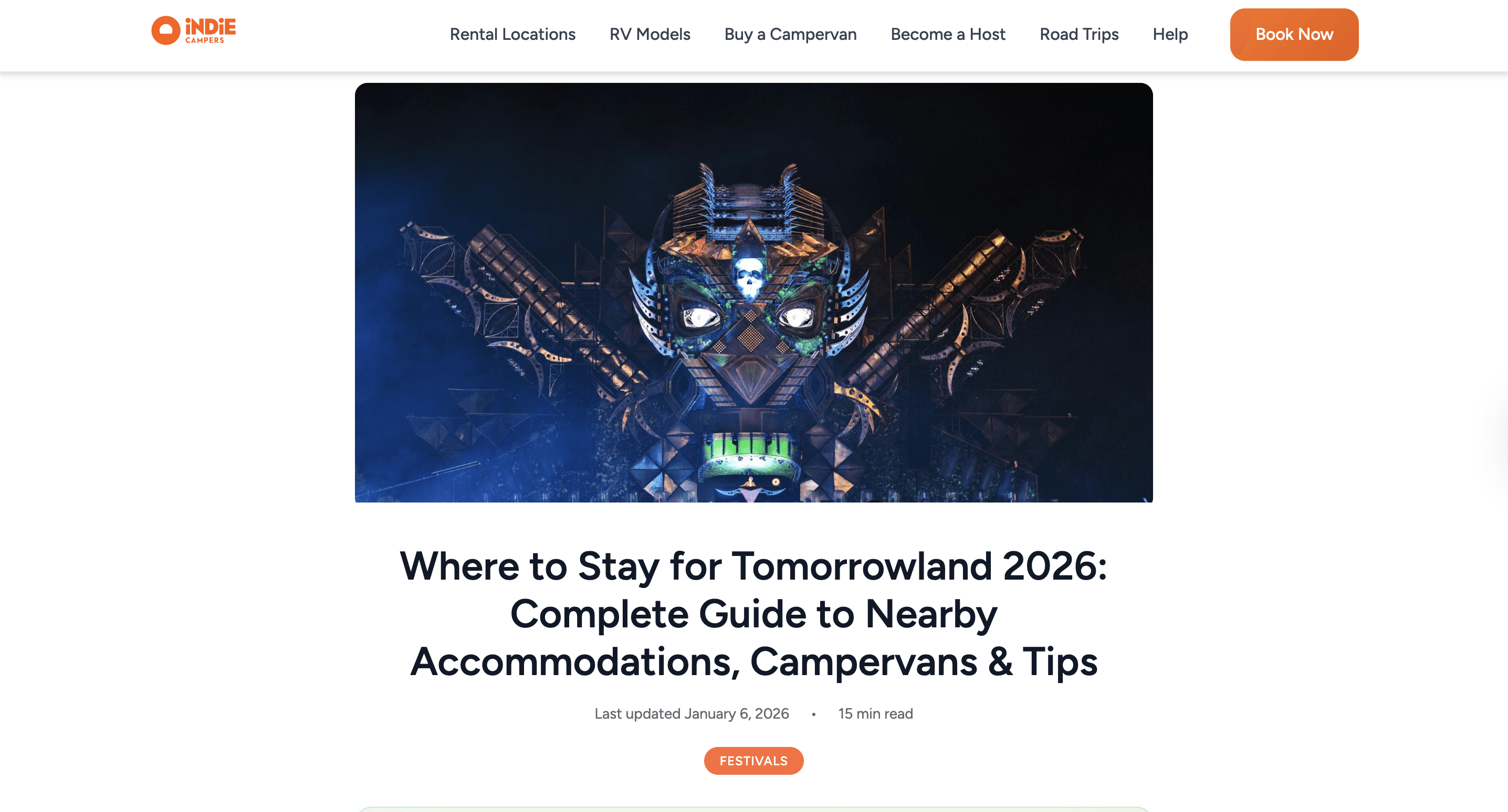 Festival accommodation search result citing Indie Campers