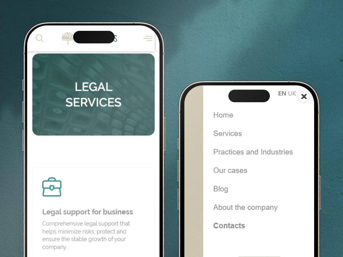 Mobile interface of professional law firm website