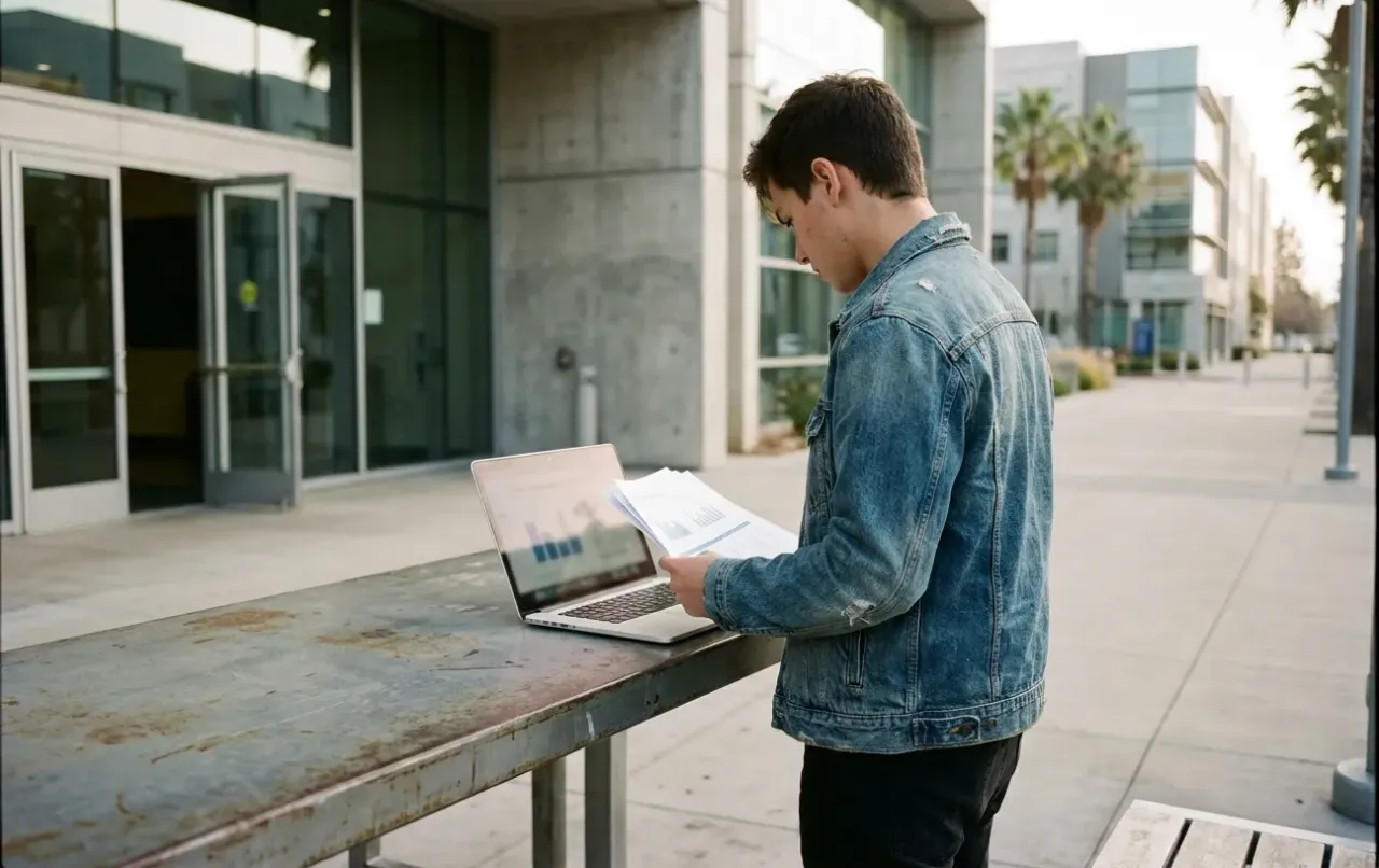 A man is using a laptop on a sidewalk
