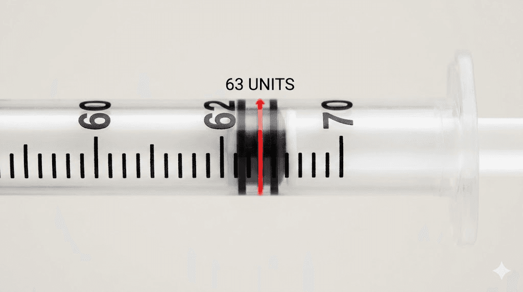 Insulin syringe drawing 63 units for 12.5 mg tirzepatide at 20 mg/mL concentration
