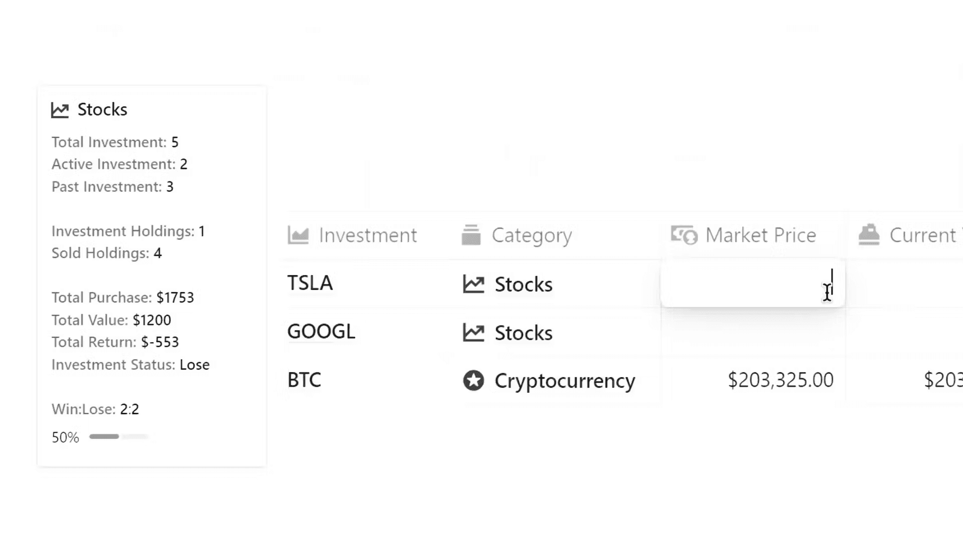 Image of Notion Investment Tracker's Update Section