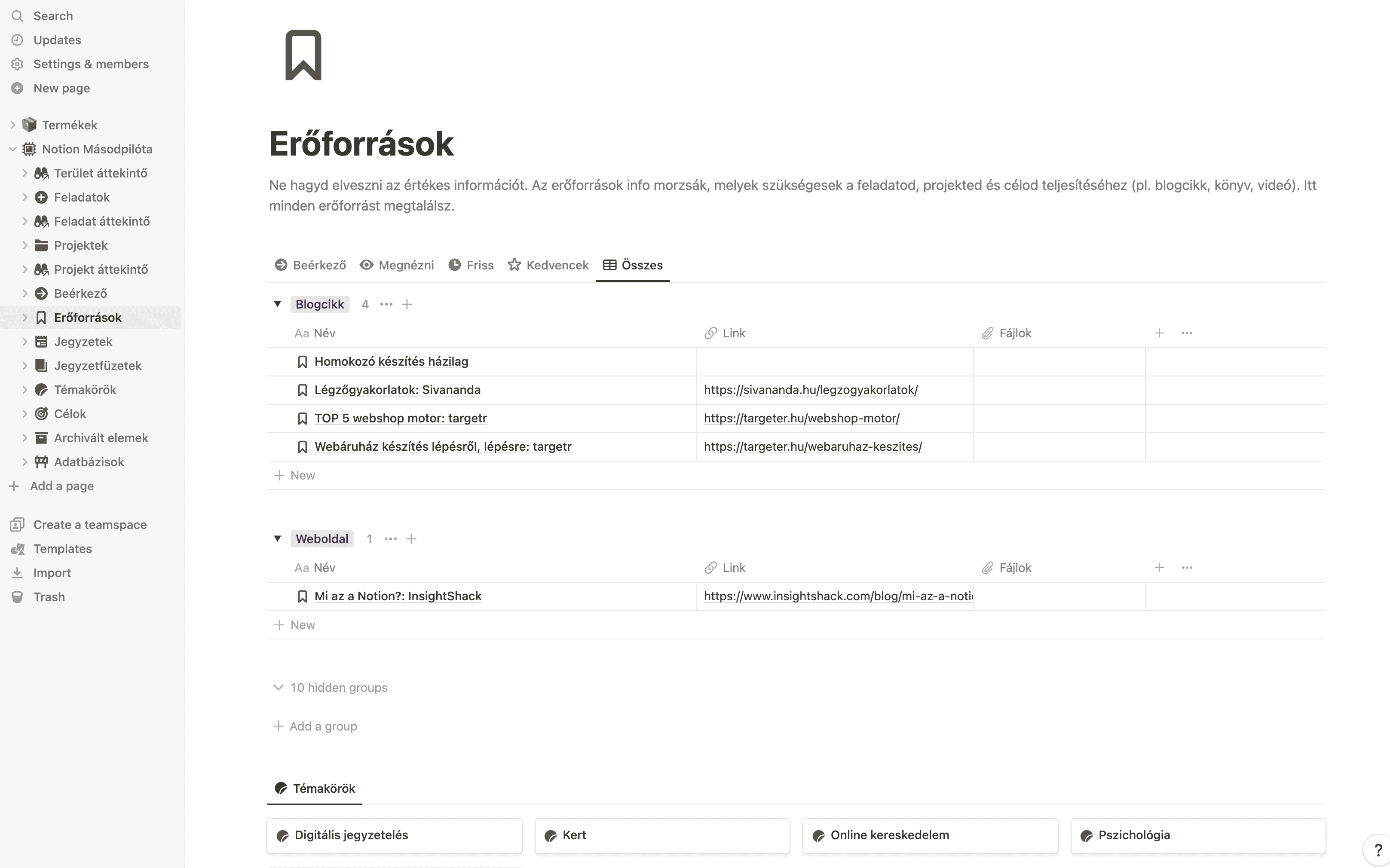 Linkek, azaz erőforrások a Másodpilóta, Notion sablonban.