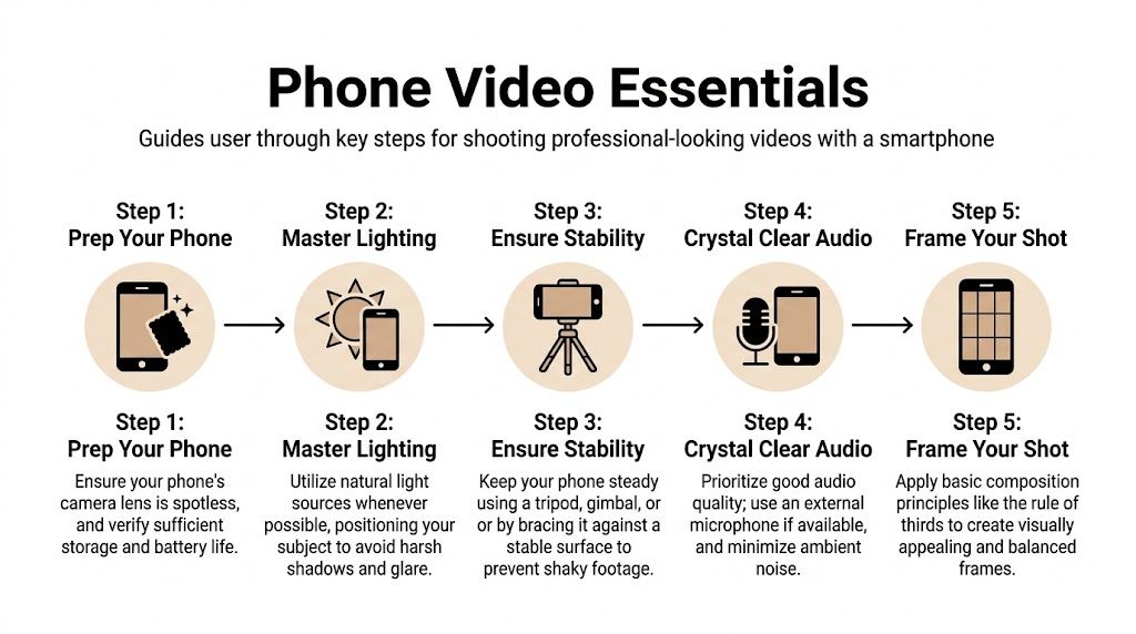 A step-by-step infographic titled Phone Video Essentials, showing how to record high-quality smartphone video content.