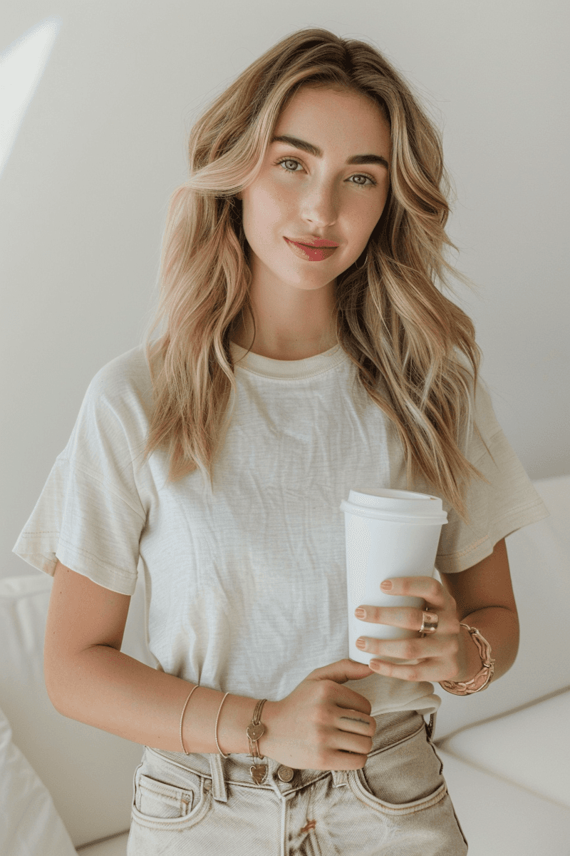 Blonde woman holding a coffee cup, wearing a white t-shirt and light jeans.