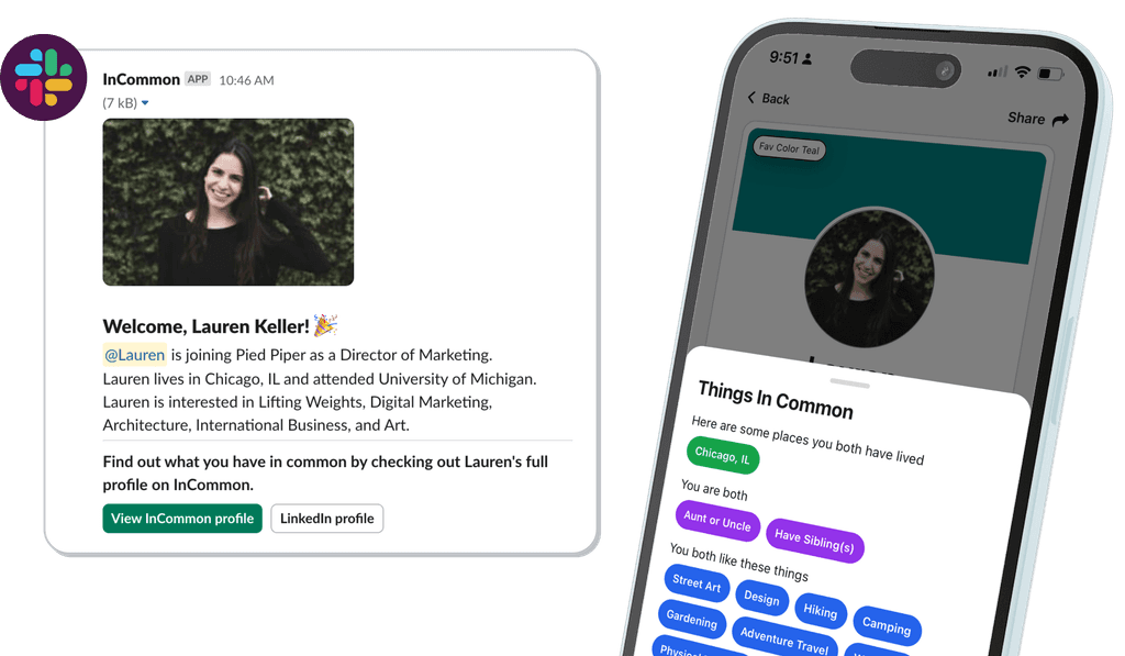 Screenshot of a welcome message in a Slack window alongside a cell phone showing the same person's InCommon profile with common interests