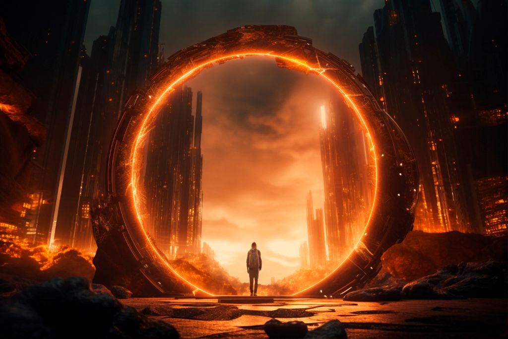 Female superhero with a swirling ring of light in the back.