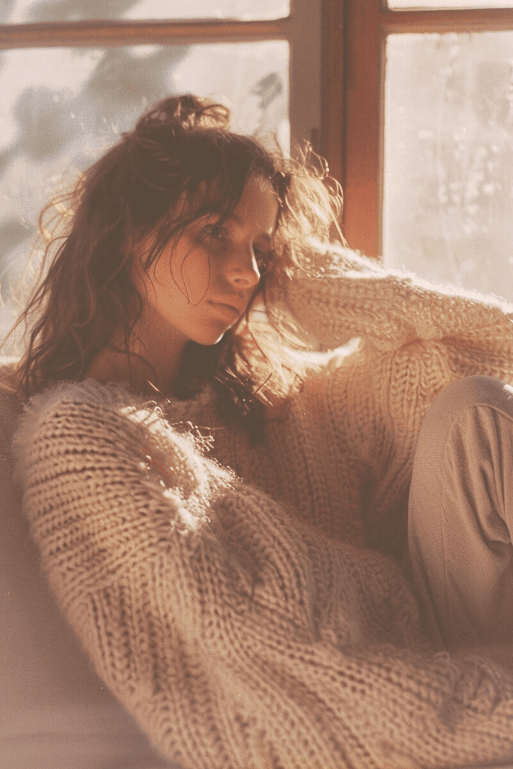Postpartum mother sitting by window in soft light, looking away with quiet emotional fatigue in early motherhood
