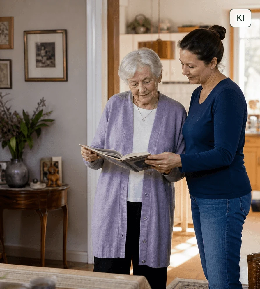 Eine Seniorin und ihre Betreuungskraft erleben einen positiven Alltag zu Hause.