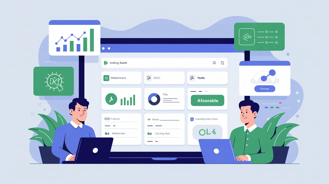 Two people work on laptops, analyzing data on a screen with graphical elements and icons in a modern office setting.