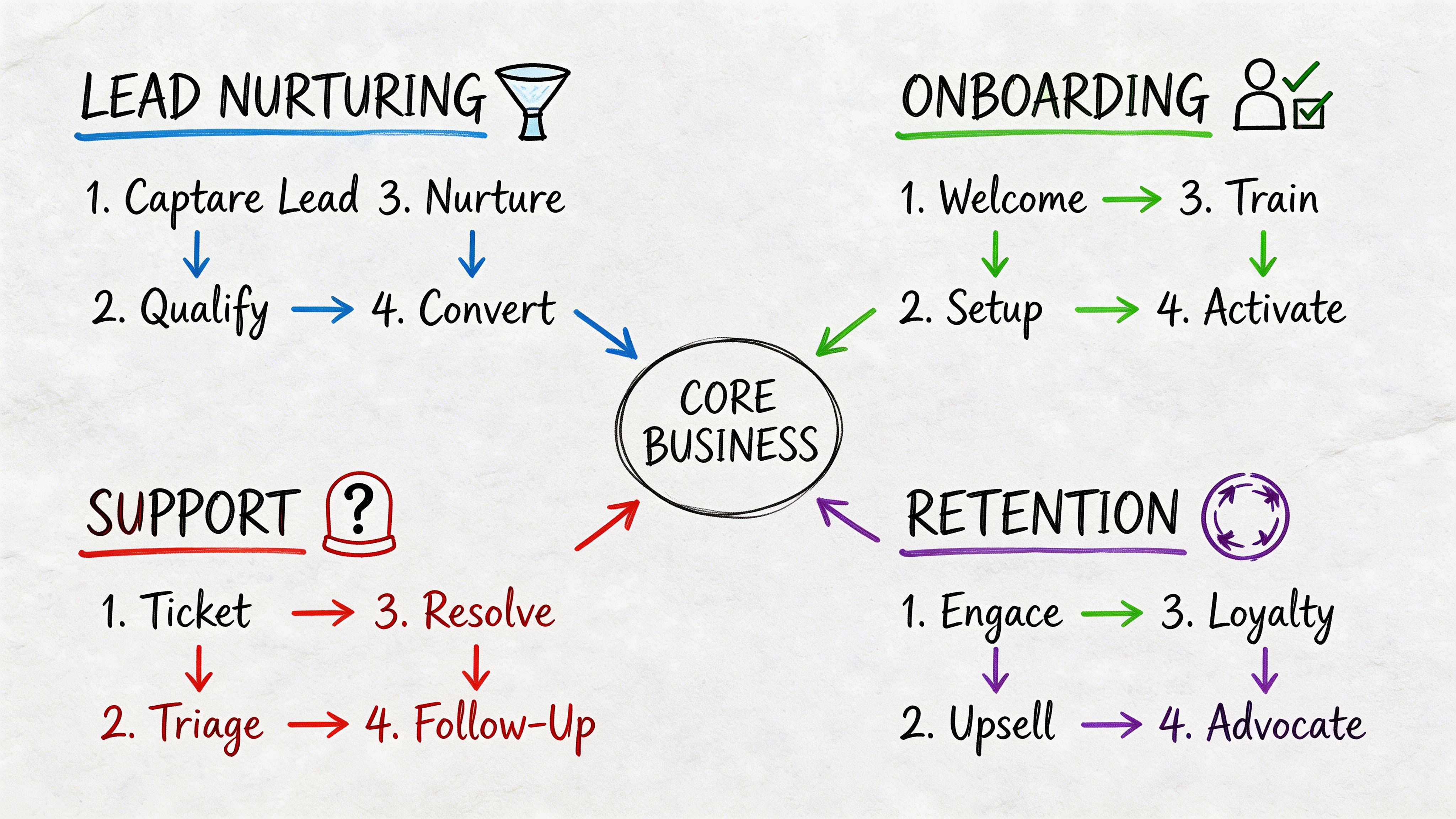 A business flowchart diagram showing four key phases of marketing automation: Lead Nurturing, Onboarding, Support, and Retention.