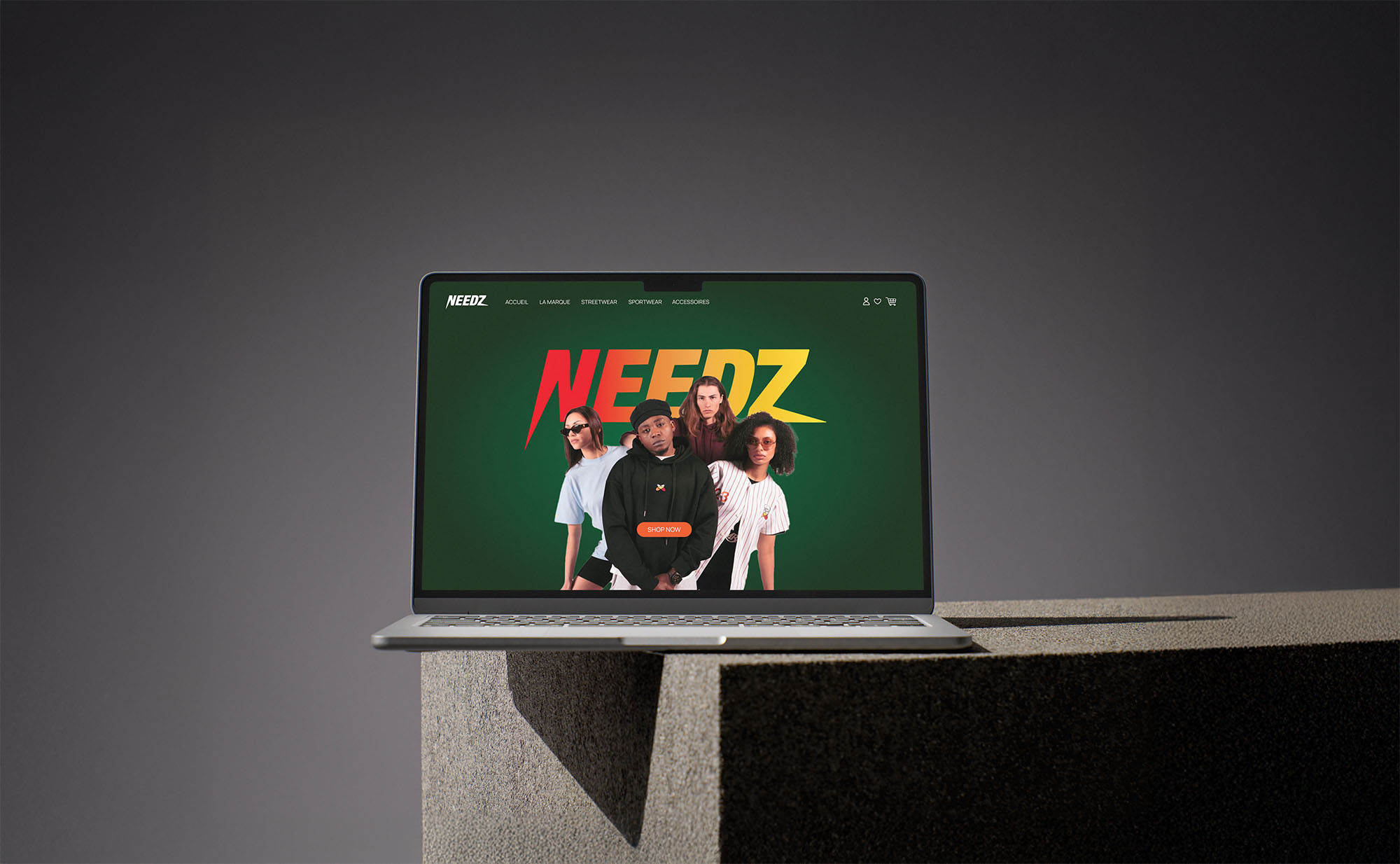 Page d'accueil du site Needz présentant la collection streetwear avec une mise en page dynamique