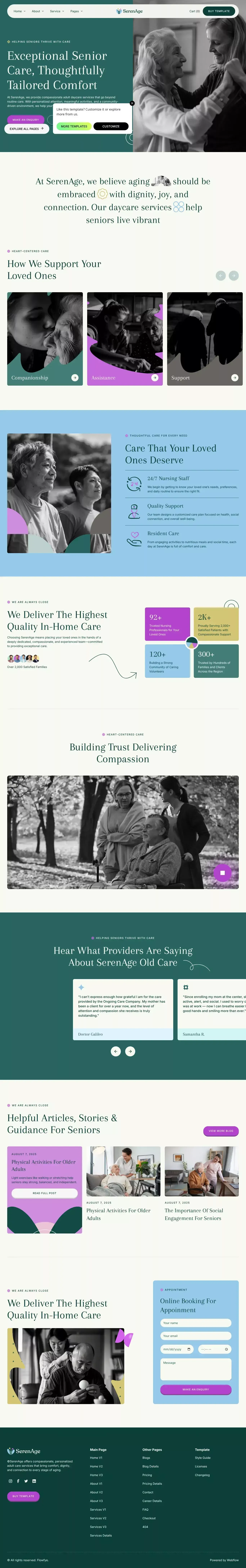 SerenAge - Webflow Website Template landing page screenshot showcasing Health & Fitness and Local Business design