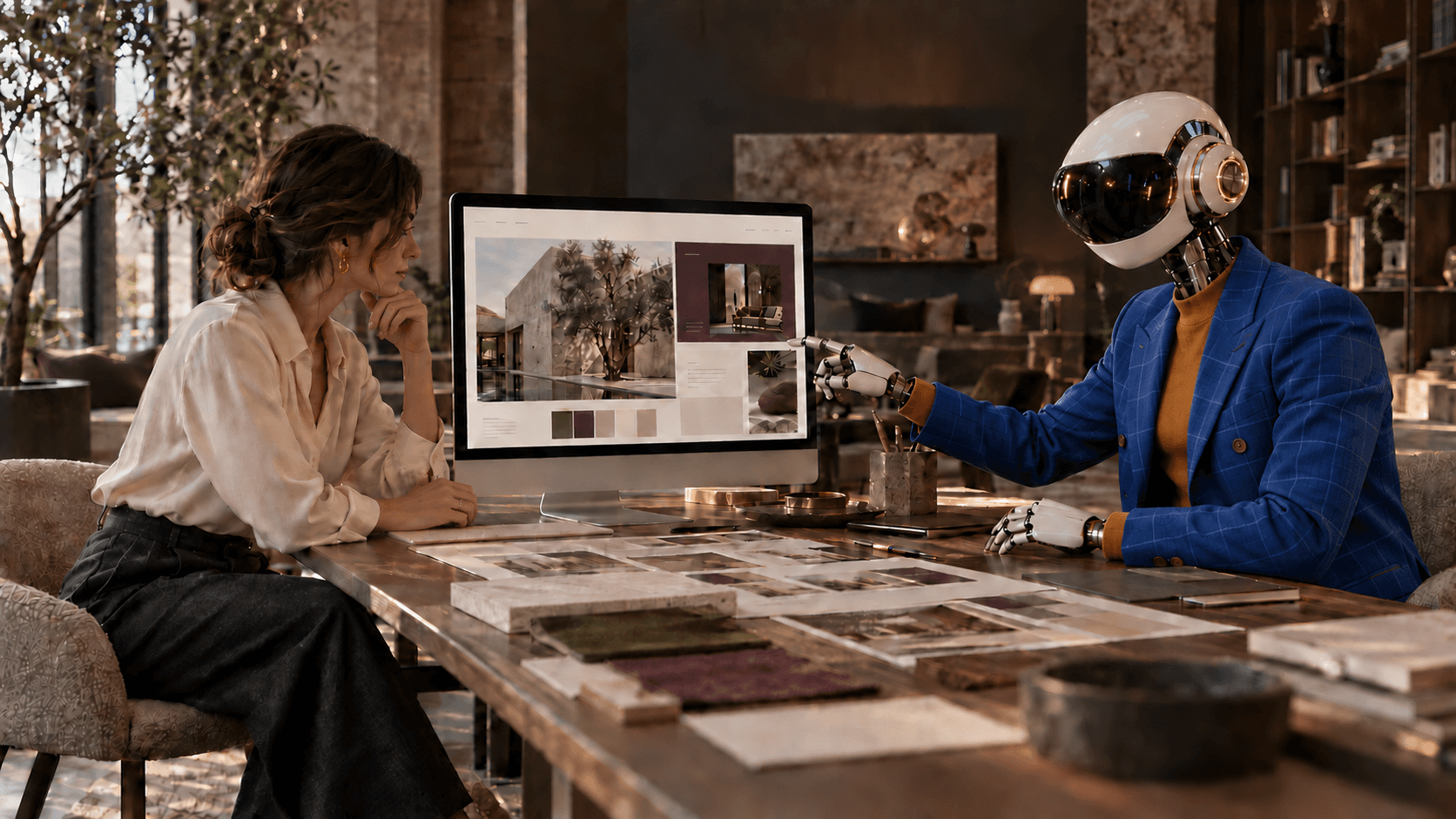 Woman using a VR headset in a kitchen, reaching out with one hand