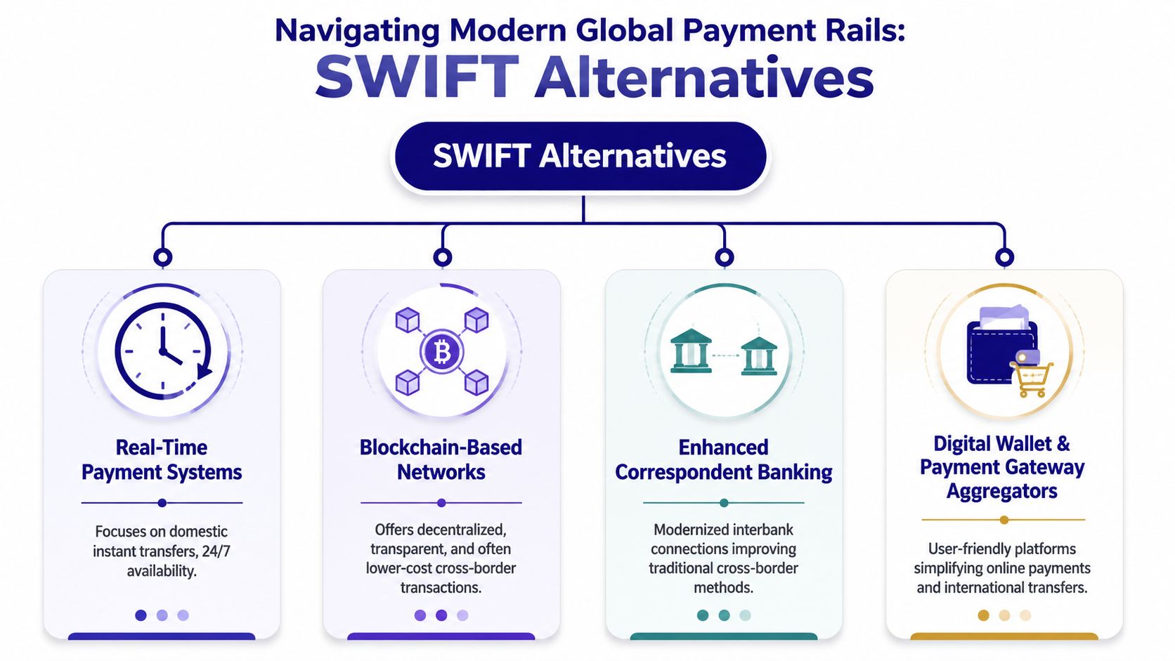 An infographic showing four major alternatives to the SWIFT global payment system for international financial transactions.