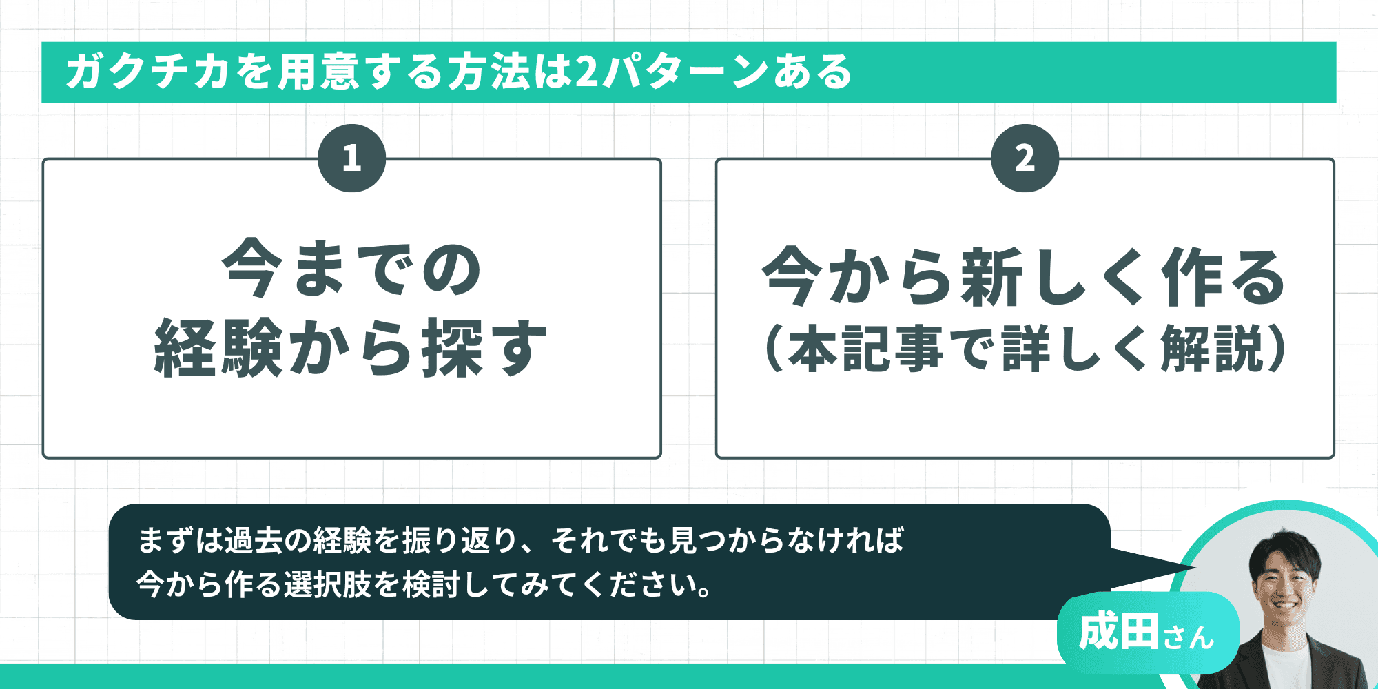 ガクチカを用意する方法は2パターン：①今までの経験から探す②今から新しく作る